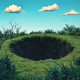 an unusual, well made hole surrounded by many bushes and trees