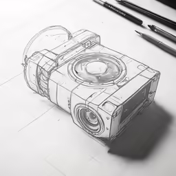 a drawing of an old camera in paper on a table