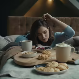 woman sitting at breakfast on a bed