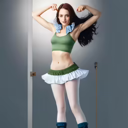 a woman wearing a skirt is posing in an outfit