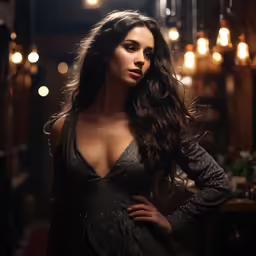 a woman with long brown hair wearing a black dress and posing for a photo