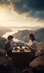 two people that are sitting down at a table