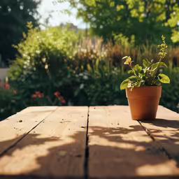 the table is made from old boards and has a potted plant