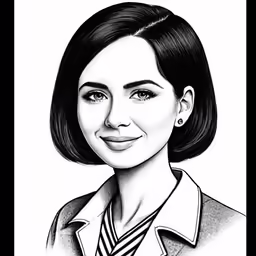 a black and white drawing of a woman smiling