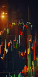 an orange and green chart is shown in the background,an abstract photo shows candles going down