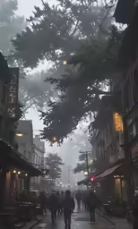 a city street with tall buildings and trees