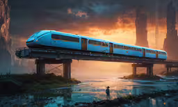 a blue train that is on the tracks,an artist