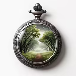a pocket watch with an image of a forest and a path inside it