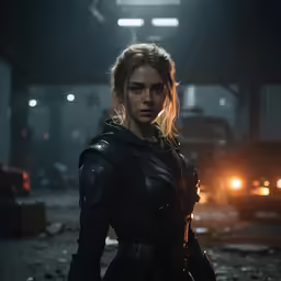 the young woman stands in an industrial setting