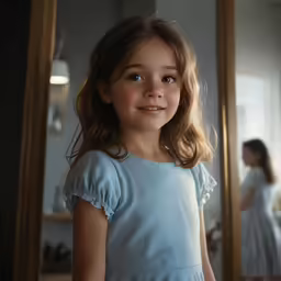young girl in light blue dress with light reflection on wall