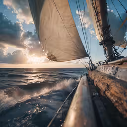 a boat traveling on the water at sunset