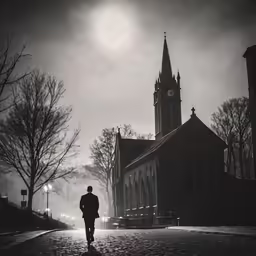 a person walks toward a church with an overcast sky in the background