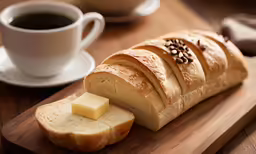 the bread and butter are arranged on the wooden table
