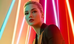 a woman with grey hair posing in front of colorful lights