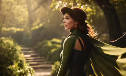 a lady in a green cape and top hat