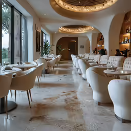 a long dining hall with white chairs and a large mirror