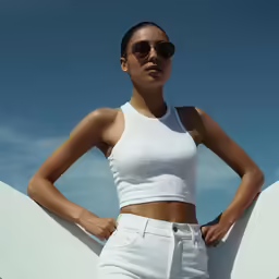 a woman is standing next to a wall