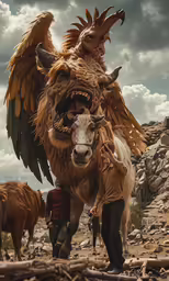 a huge monster is holding a bull like creature
