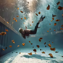 a man dives into an underwater pool filled with yellow streamers