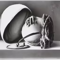 a black and white photo of a baseball cap, baseball glove and baseball cap