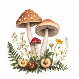 two mushrooms and plants in the ground, one is full of fruit and flowers