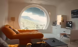 a round window in a white and orange room