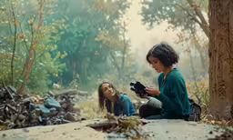 a girl and a boy look at a photo in the woods