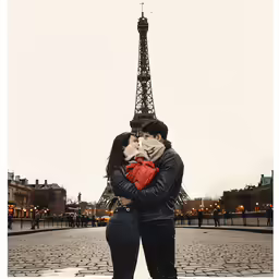 a man and woman hug in front of the eiffel tower