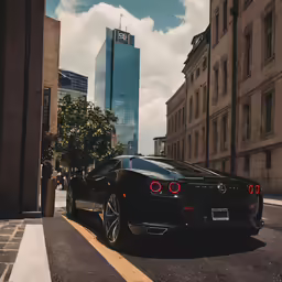 a car parked in front of a building with the sky behind it