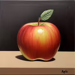 a painting of a red apple on a table,an apple sits on a table with a black background,an apple sits on a surface, with a black background,an apple with a green leaf on it,a painting of a red apple with green leaves