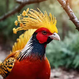 a colorful bird perched next to a leafless tree