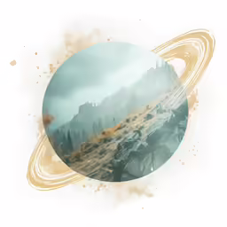a photo of saturn and mountains in yellow and blue