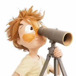 the puppet looks through a telescope at something
