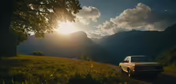 a yellow car driving down a mountain road with the sun peaking through a tree