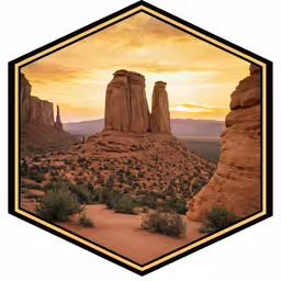 a desert scene in the middle of the sunset