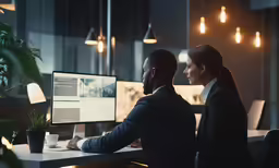 a couple of people sitting at a computer desk