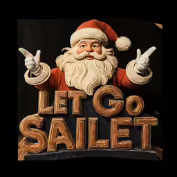 a santa claus standing in front of a sign that says let go sailing