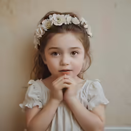 a little girl wearing a flower wreath