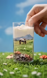 someone that is touching the end of a glass of food in the grass