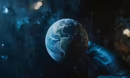 a hand in a glove holding up the planet