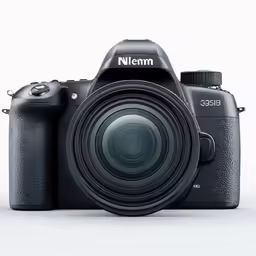 a black camera with the lens in front of it