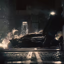 a man laying on the ground with fire in front of him
