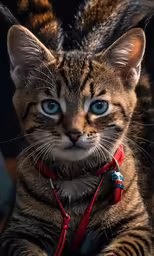 a black grey and orange cat is wearing a harness
