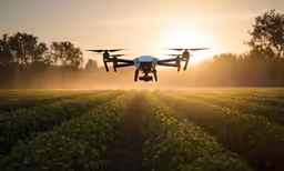 a crop filled with green plants and two propellers flying