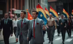 two men dressed in suits walk down a crowded street