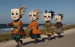 four creepy dolls walking on the road in front of a beach