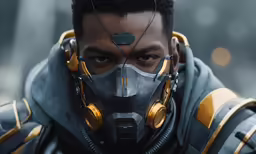 a man in an over - sized mask and hood looking down
