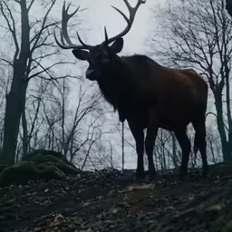 a very tall horned standing in a forest