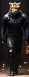 a tiger standing up with a leather jacket