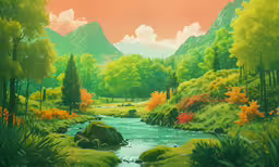 a painting with an autumn scenery showing mountains,an artistically painting shows green mountains, stream and bright yellow trees